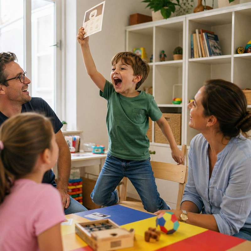 Answer reveal moment: child jumping off chair with excitement after solving a riddle, riddle card held triumphantly overhead, bright classroom or livi