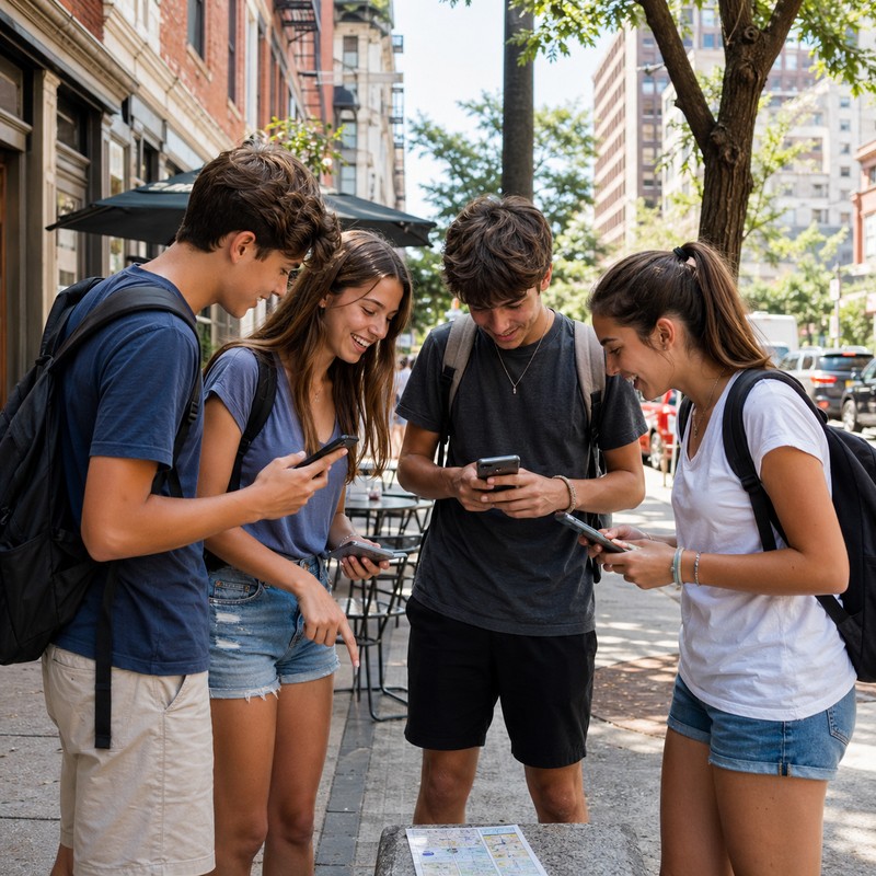 Instagram Photo Challenge in action: teen capturing a creative compositional shot on a city street, friends watching and reacting, phones out to compa