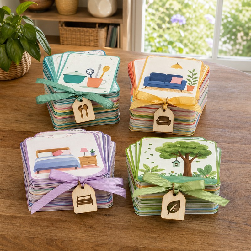 50 colorful clue cards organized in neat stacks on a wooden table with location labels: Kitchen Stack, Living Room Stack, Bedroom Stack, Outdoor Stack