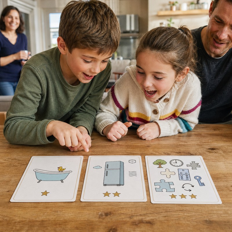 Three clue cards side by side showing difficulty progression: simple picture clue for age 3-5 (drawing of bathtub); rhyming riddle for age 6-8 (poem a