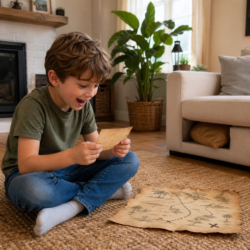Child excitedly reading a rhyming clue card on the living room floor, small treasure map spread beside them, next hiding spot visible in the backgroun