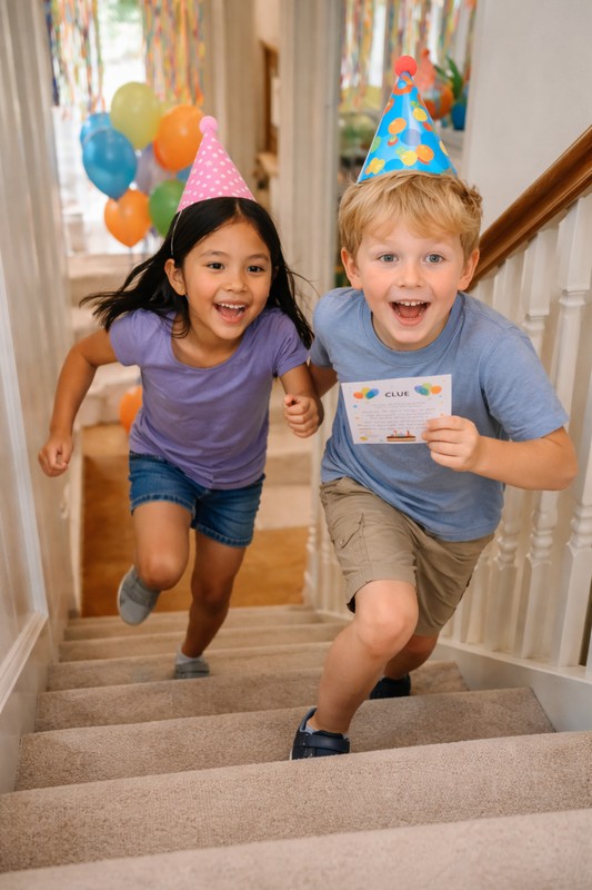 Birthday treasure discovery: birthday child opening the final treasure chest, friends crowded around, faces lit up, birthday cake visible on table in