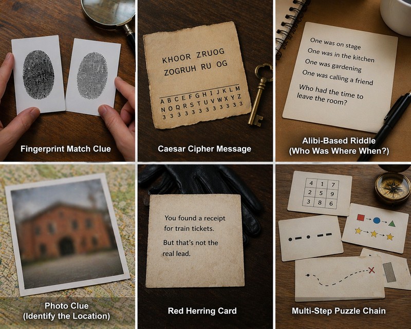 COLLAGE: Six detective clue type examples in a grid: fingerprint match clue (two fingerprint cards to compare); Caesar cipher message (coded letters w