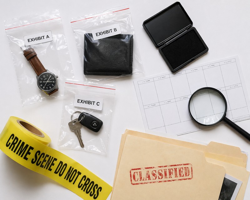 Evidence collection items flat lay on white: sealed clear evidence bags with 'EXHIBIT A/B/C' labels, ink pad and blank fingerprint card, magnifying gl