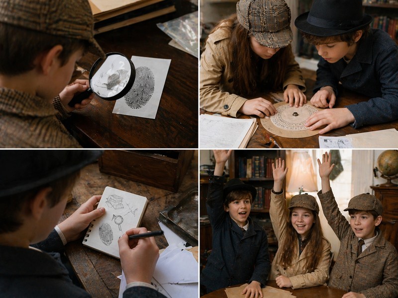 Four-panel photo collage of detective scavenger hunt activities: top-left a child holding a magnifying glass over a printed fingerprint clue card, top