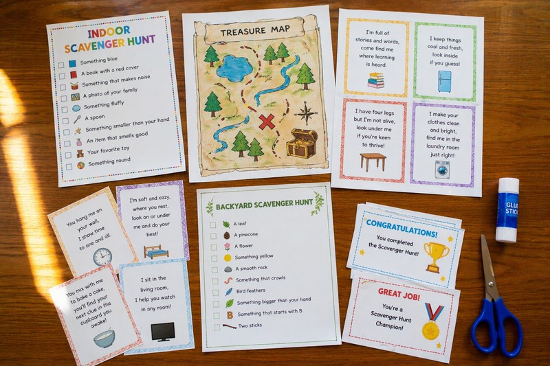 Print-at-home process: laptop showing download page → home printer running → freshly printed clue cards on tray → cut cards laid out on table → hunt r