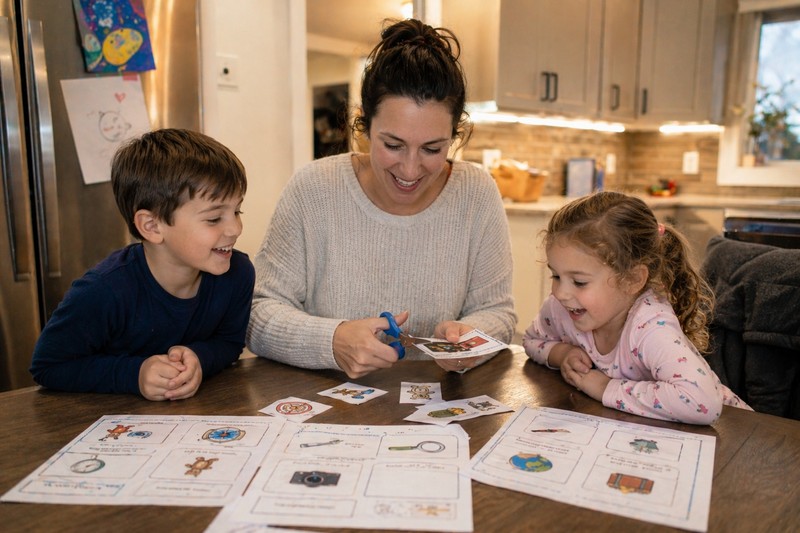 Real family using the product: child reading a printed clue card at home, clearly engaged, another child peeking from behind a door waiting to be foun