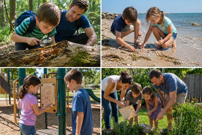 COLLAGE: Four-location family hunt collage: forest trail (child with magnifying glass at fallen log); sandy beach (children searching shoreline); subu