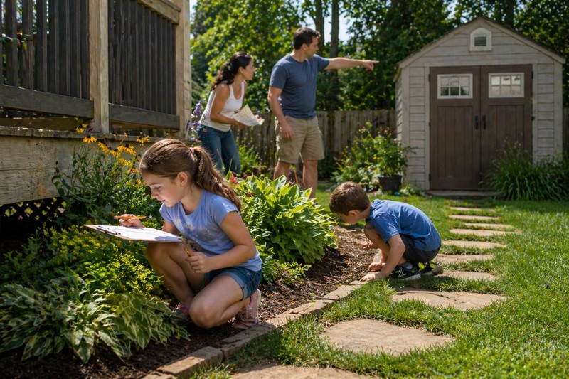 Backyard hunt zones: family in garden — child near flower beds with clipboard, another under deck checking, parent pointing to garden shed area — orga