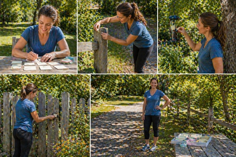 Outdoor hunt setup in 20 minutes: parent at outdoor table writing clue cards quickly, walking the route to hide them (fence post, bird feeder, garden