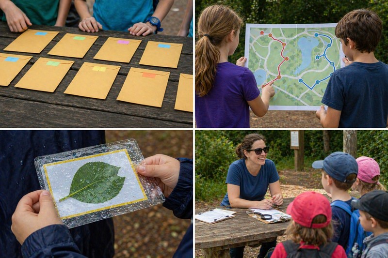 COLLAGE: Four solutions collage for large group challenges: multiple starting envelopes spread on table (solves bottleneck); parallel route map showin