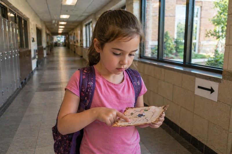 Confident 7-year-old child reading a hunt clue card in a hallway, one finger on the text, determined expression, about to head in the right direction