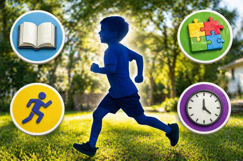 Development profile illustration: bright child silhouette with four skill badges: open book (reads independently), puzzle piece (solves multi-step log