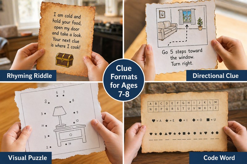 COLLAGE: Four clue format examples for ages 7-8: rhyming riddle card ('I am cold and hold your food