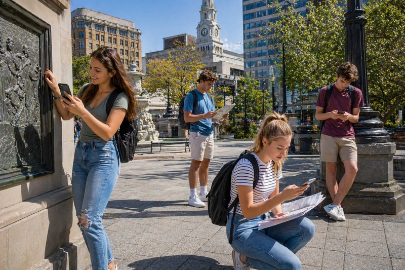 City scavenger hunt navigation: four teens spread across a city plaza each at different landmark clue locations, phones and printed maps, genuine team