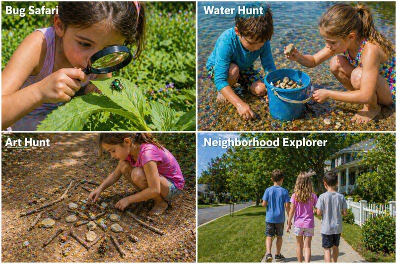 COLLAGE: Four summer theme mini-hunts collage: Bug Safari (magnifying glass on insect); Water Hunt (collecting water-related items in bucket); Art Hun