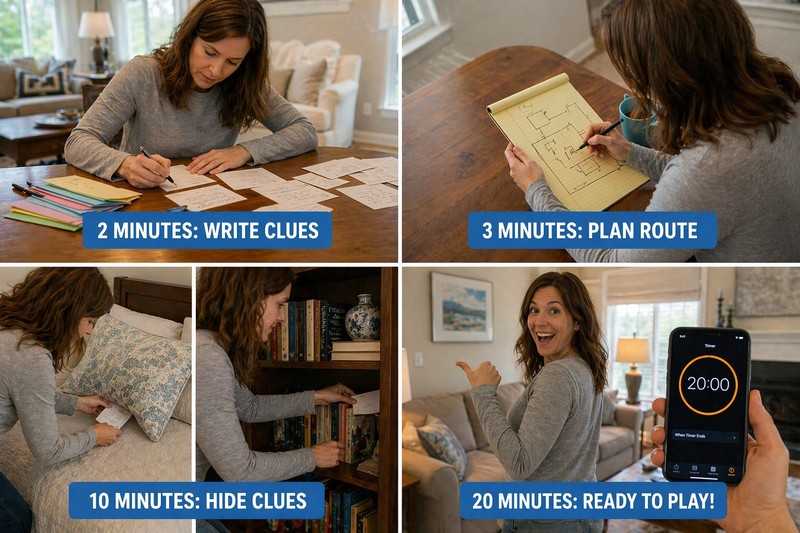 20-minute setup sequence: writing clues at table (2 min label); planning route on notepad (3 min label); hiding clues around house (10 min label, show