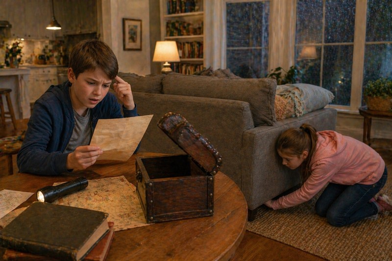 Children completely absorbed in indoor hunt while rain falls outside: child reading riddle at kitchen table, another searching behind sofa, warm lamp