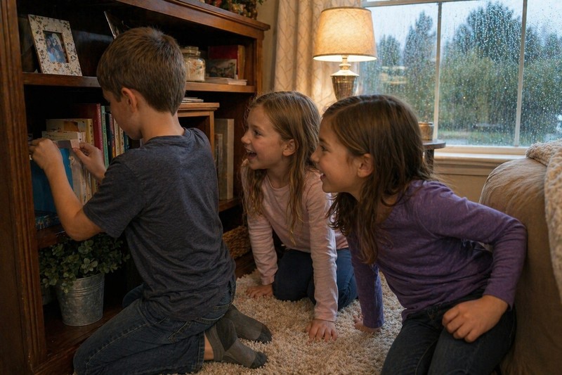 Candid snapshot of three children aged 5 to 8 inside a cozy house on a rainy day, one child searching behind a stack of books on a bookshelf for a clu
