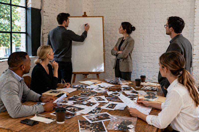 Open-plan office conference room transformed for murder mystery team building: 10 professionals in business casual gathered around evidence folders, s