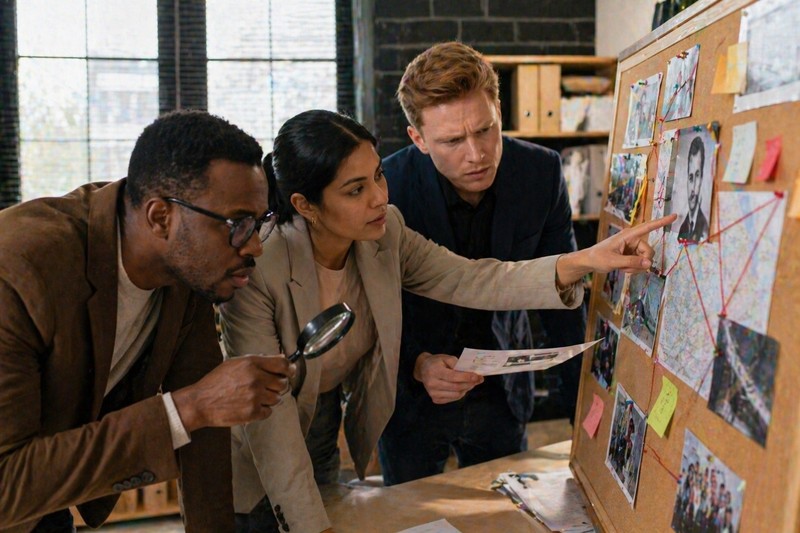Three colleagues analyzing an evidence board together: one pointing at suspect photo, one cross-referencing clue sheet, one with magnifying glass — ge