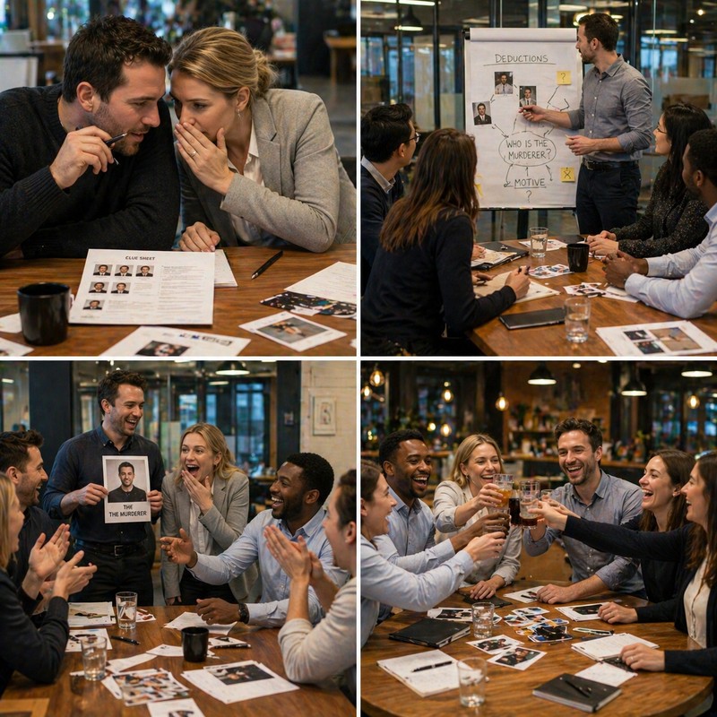 Four-panel photo collage of corporate murder mystery team building: top-left two colleagues conspiring over a clue sheet, top-right a team leader pres