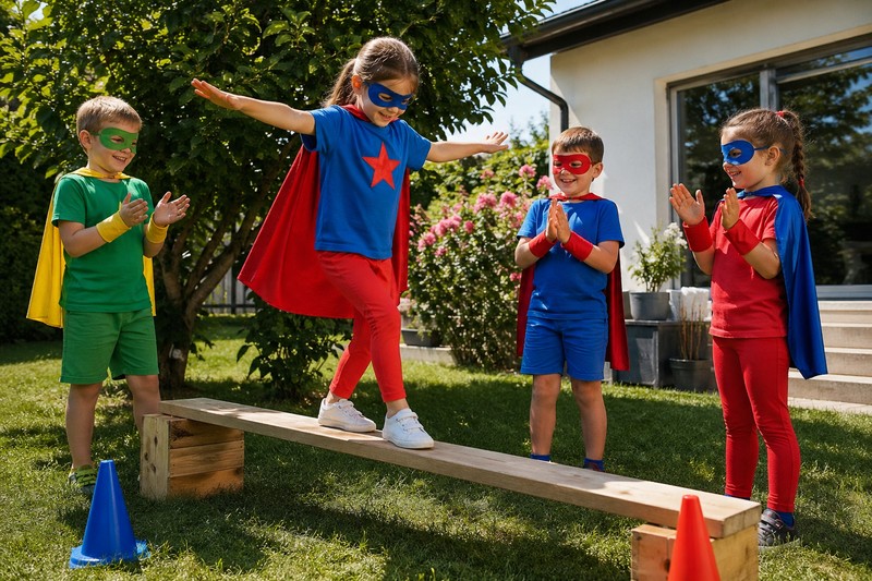 Kinder in Superhelden-Kostümen bei einem Stationsaufbau im Garten — einer balanciert, andere klatschen, sonniger Tag