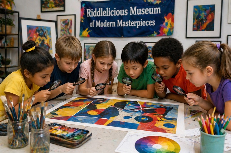 Kinder mit Lupen untersuchen Drucke von Gemälden auf einem Tisch — Pinsel und Farben im Hintergrund, Museum-Atmosphäre