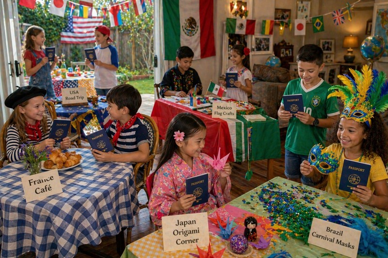 Kinder beugen sich über eine große Weltkarte auf dem Tisch — einer zeigt auf einen Kontinent, andere schauen hin
