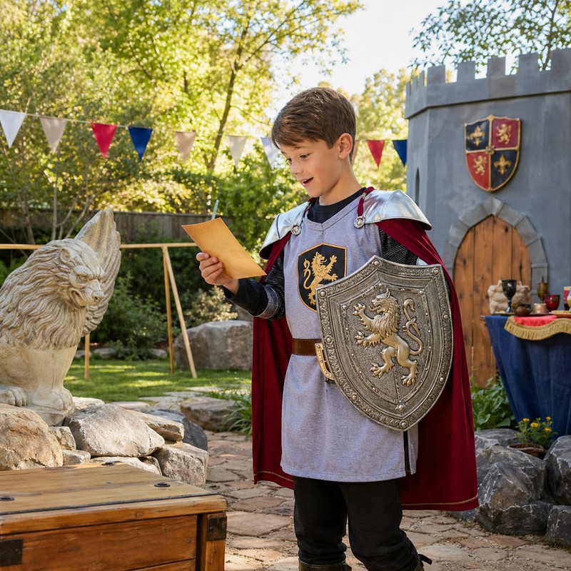 Older kids ages 9-12 gathered around a castle scavenger hunt map, decoding knight riddles together outdoors — realistic group photo