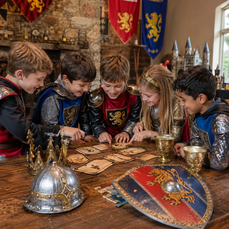 Kids in knight costumes working together to solve riddle clues at a medieval-themed birthday party table — realistic indoor photo