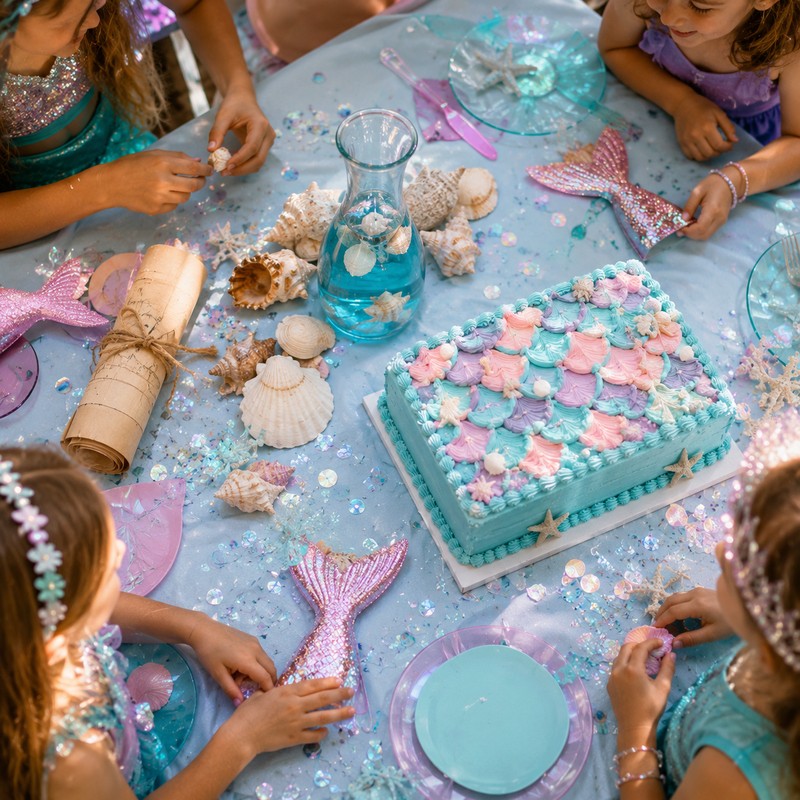 A 2×2 photo grid of mermaid party activities