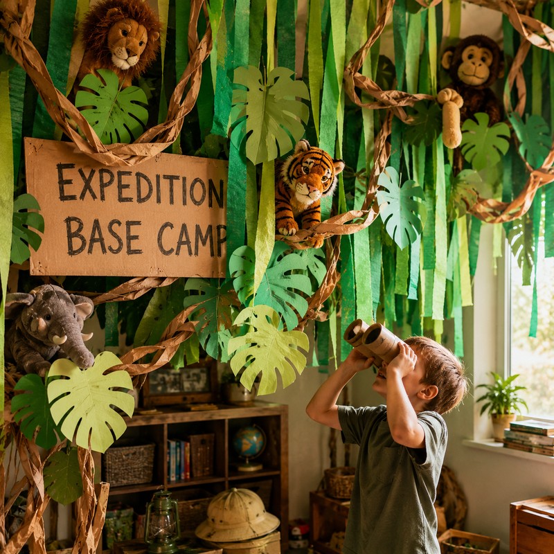 A child's playroom corner decorated as a jungle base camp
