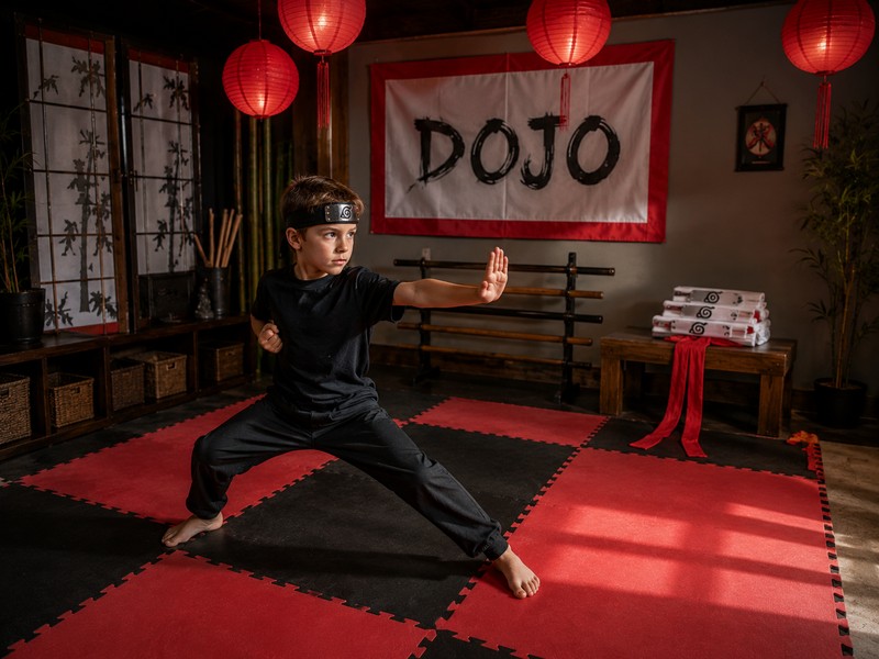 A child's playroom or basement transformed into a ninja dojo