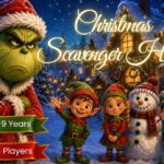 Printable Christmas scavenger hunt for kids ages 4–9 featuring festive elves, a grumpy green Christmas character and a snowman in a snowy holiday village, designed for 2–8 players.