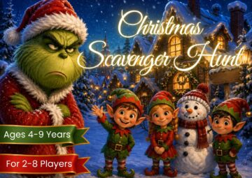 Printable Christmas scavenger hunt for kids ages 4–9 featuring festive elves, a grumpy green Christmas character and a snowman in a snowy holiday village, designed for 2–8 players.