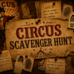 Circus scavenger hunt printable for kids featuring a vintage detective mystery, suspect list, fingerprints, footprints, and Circus Magnifico clues.