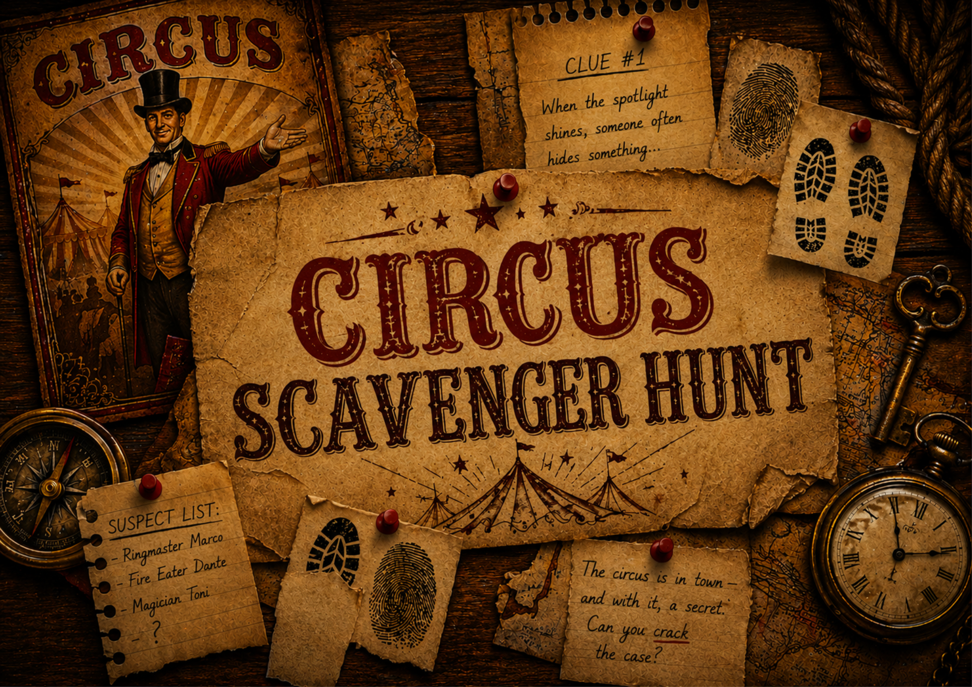 Circus Scavenger Hunt Printable for Kids Circus Detective Treasure Hunt Game Birthday Party Activity PDF Ages 6–9 Circus scavenger hunt printable for kids featuring a vintage detective mystery, suspect list, fingerprints, footprints, and Circus Magnifico clues.