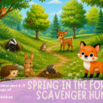 Spring forest scavenger hunt printable for kids ages 4–9 featuring Felix the Fox, woodland animals, flowers, and a colorful spring adventure.