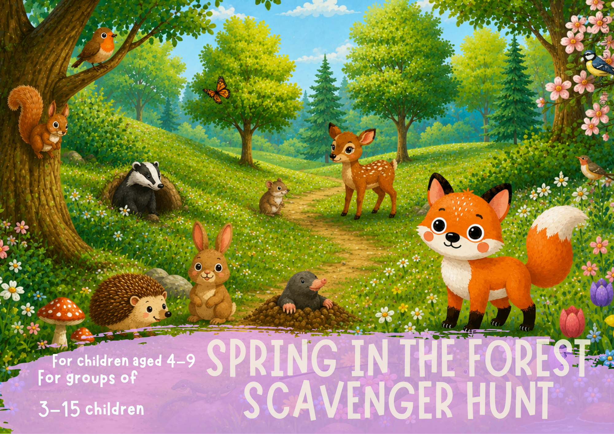 Forest Spring 4-9 riddlelicious Spring forest scavenger hunt printable for kids ages 4–9 featuring Felix the Fox, woodland animals, flowers, and a colorful spring adventure.