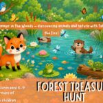 Printable forest treasure hunt for kids ages 4–9 featuring Felix the Fox. A fun woodland adventure with nature puzzles, games, and outdoor activities.