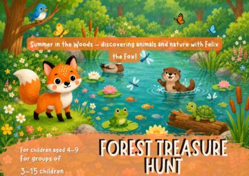Printable forest treasure hunt for kids ages 4–9 featuring Felix the Fox. A fun woodland adventure with nature puzzles, games, and outdoor activities.