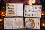 Halloween treasure hunt printable puzzles for kids with rebus clues, maze games, word search, and a ghost-themed logic challenge for ages 4–9.