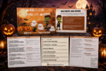 Printable Halloween scavenger hunt for kids with story pages, 6 puzzle stations, game instructions, bonus challenges, and spooky party activities.