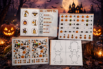 Halloween treasure hunt printable activity pack with monster drawing game, pumpkin math puzzles, hidden picture search, and spooky challenges for kids.