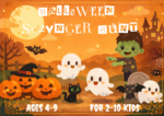 Halloween scavenger hunt printable for kids ages 4–9 featuring friendly ghosts, pumpkins, zombie, black cat, bats, and a spooky haunted house.