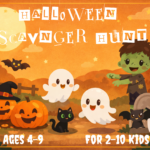 Halloween scavenger hunt printable for kids ages 4–9 featuring friendly ghosts, pumpkins, zombie, black cat, bats, and a spooky haunted house.