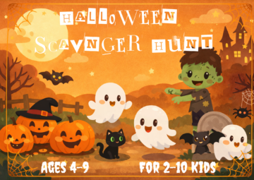Halloween scavenger hunt printable for kids ages 4–9 featuring friendly ghosts, pumpkins, zombie, black cat, bats, and a spooky haunted house.