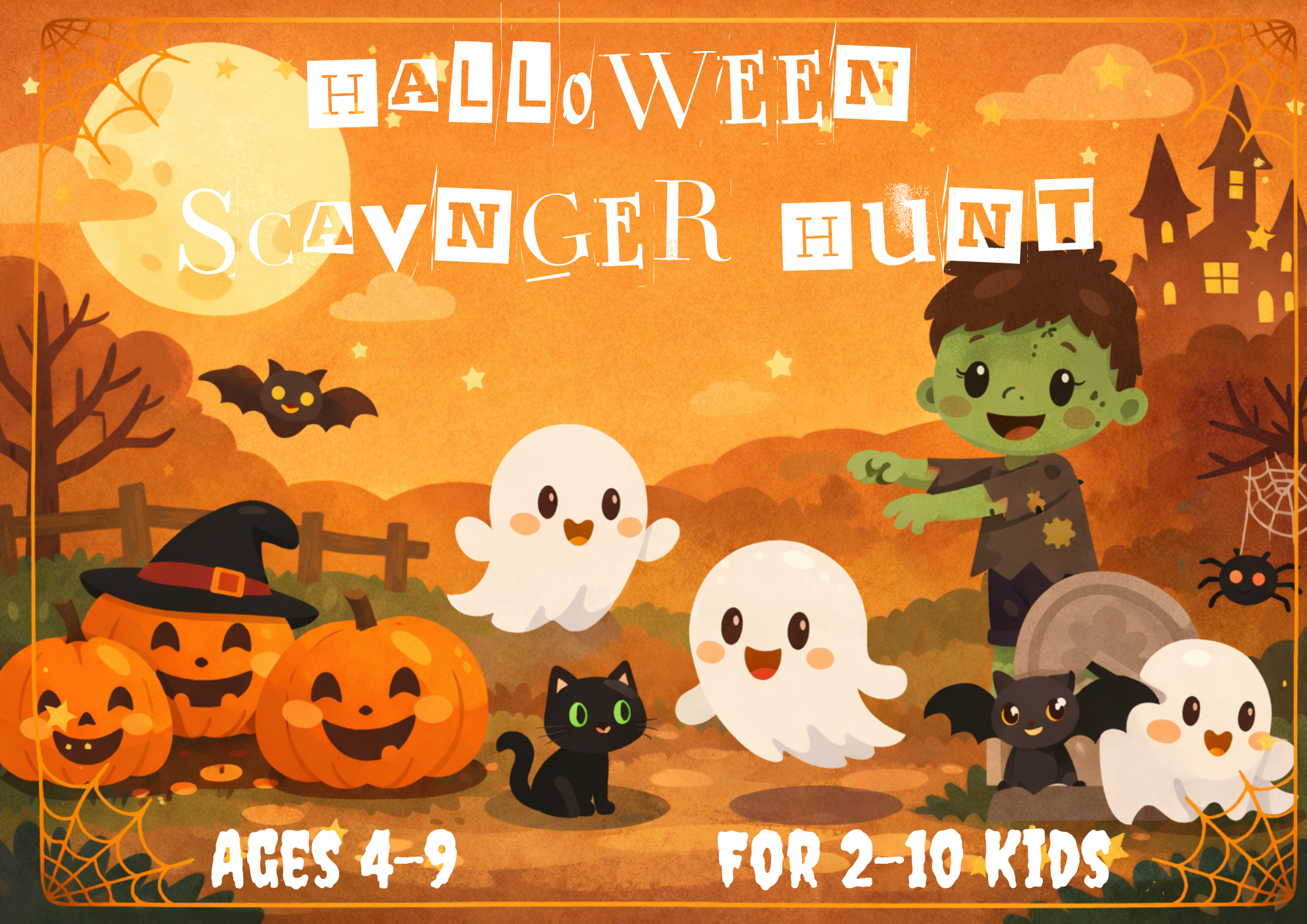 Halloween Treasure Hunt Riddlelicious Halloween scavenger hunt printable for kids ages 4–9 featuring friendly ghosts, pumpkins, zombie, black cat, bats, and a spooky haunted house.