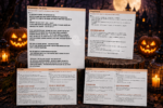 Printable Halloween treasure hunt story and game leader guide with warm-up activity, station instructions, riddles, and spooky challenges for kids.